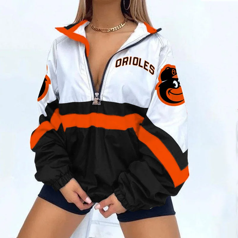 Women's Support Baltimore Orioles Jackets Baseball Print V Neck Zipper Sweatshirt Jacket