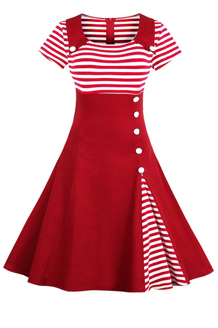 1950s Red Party Patchwork Stripe Button Decor A-line Midi Dress