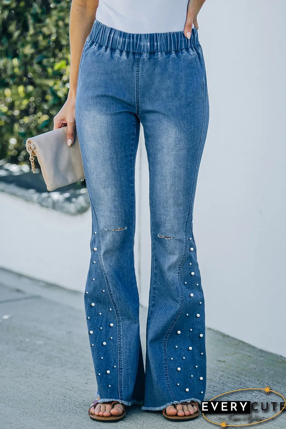 Sky Blue Beaded Ripped Elastic High Waist Flare Jeans