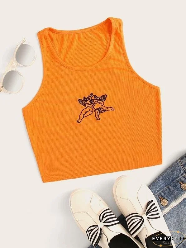 Embroidered Cherub Graphic Cropped Tank Top for Women