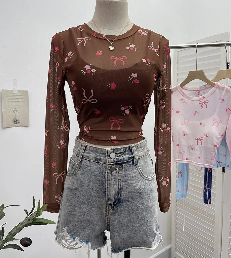Uveng Real Shooting Bow Print Bare Back Net Yarn Sunscreen Long-Sleeved T-Shirt Hottie With Chest Pads Two Short Tops 8860