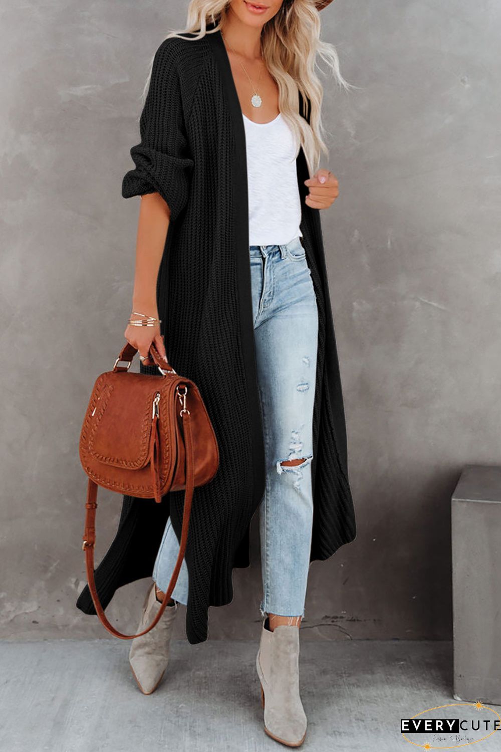 Open Front Side Slit Duster Knit Cardigan