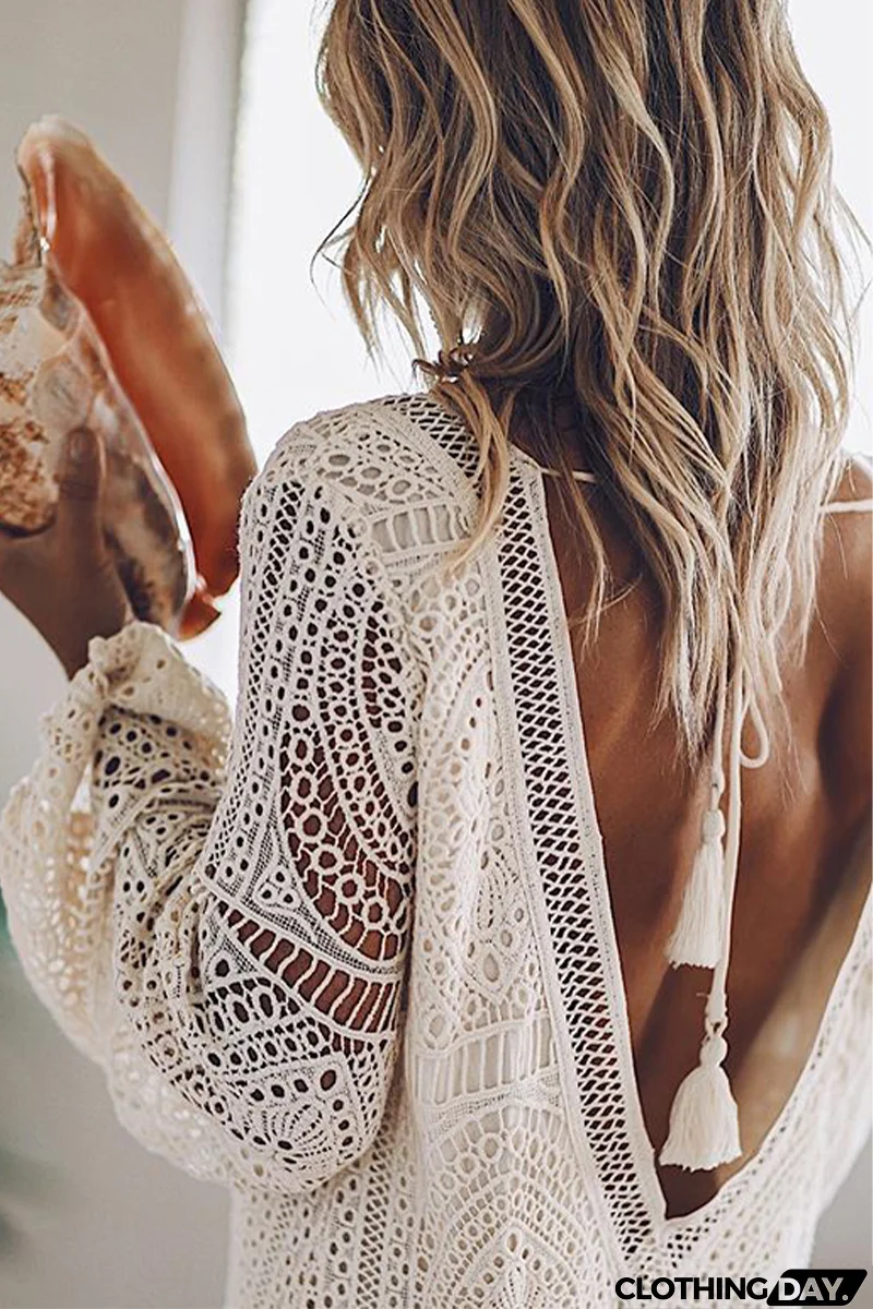 Vacation Solid Hollowed Out V Neck Straight Dresses