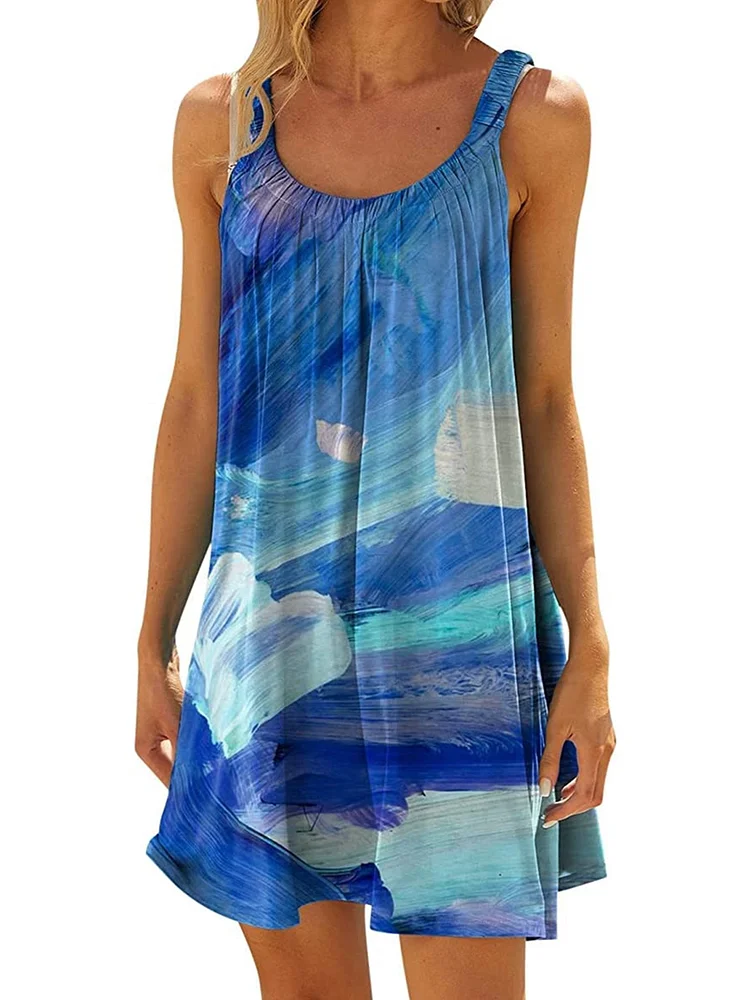 Oil Blue Ripples Print Sleeveless Strap Mini Casual Loose Fit Dress
