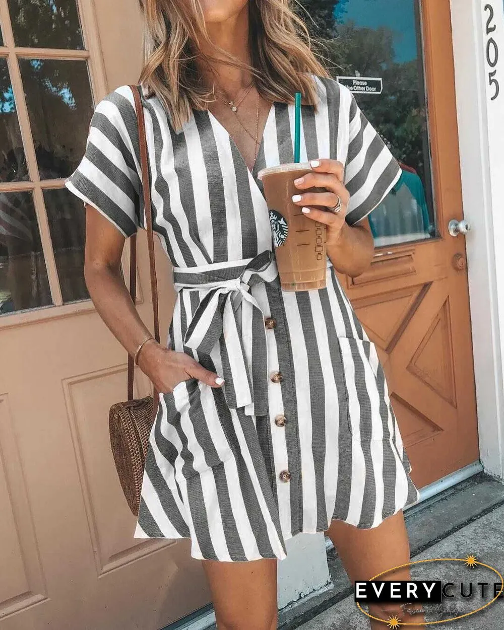 Classic Casual Deep V Neck Tie Waist Vertical Striped Bodycon dress