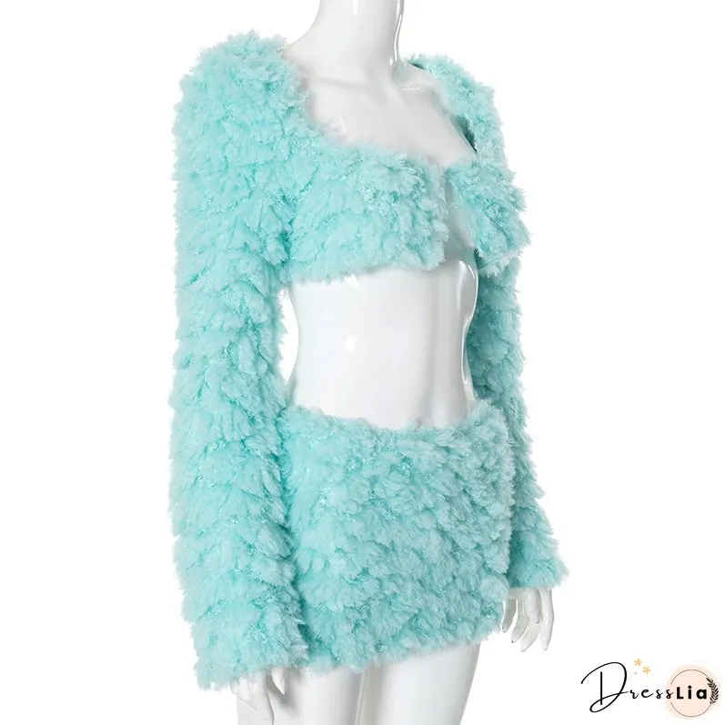 Autumn And Winter Mint Green Long Sleeve Fur Coat Short Skirt Two Piece Set