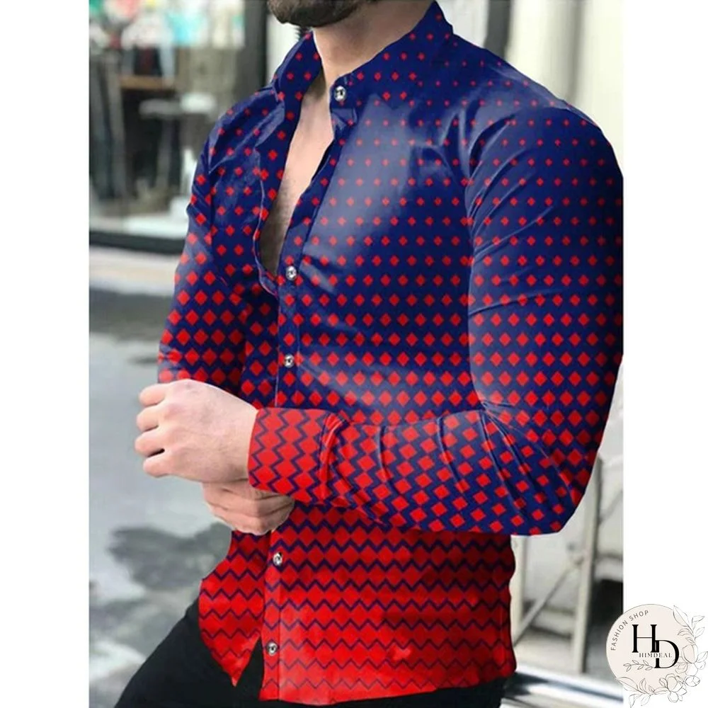 Europe and the United States New Spring Men's Long-sleeved Shirt Plus Size Shirt Gradient Slim Geometric Print Casual Shirt