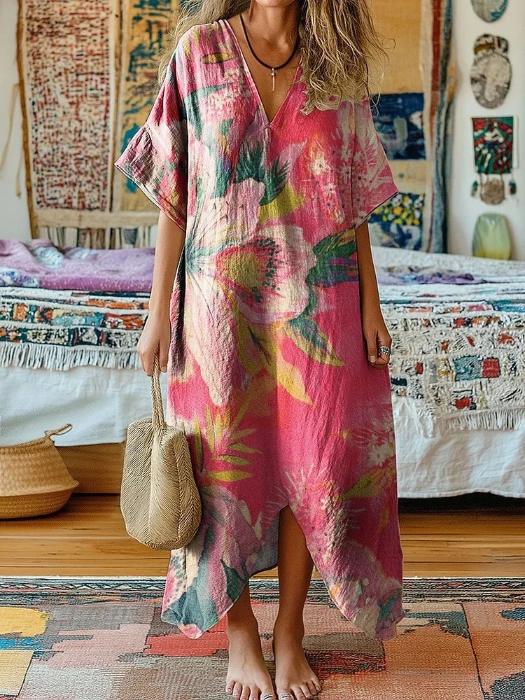 Women's Vintage Flower Art Print V-Neck Cotton Short Sleeve Dress