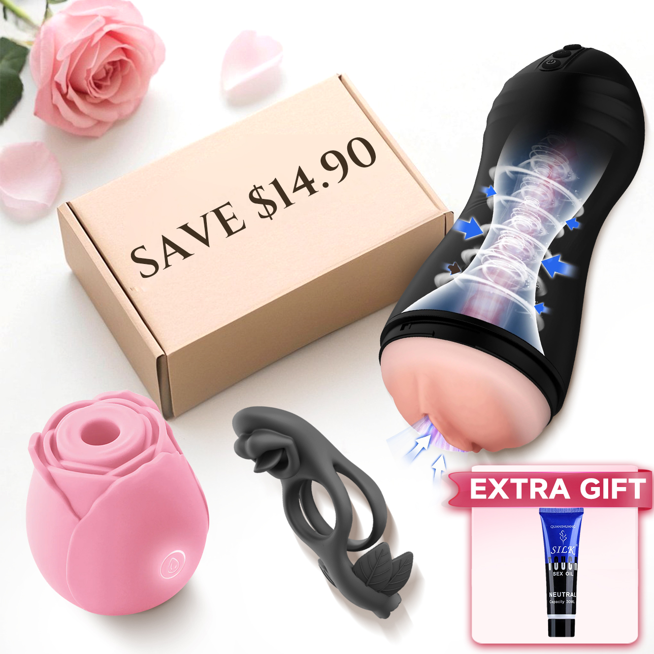 Couple Sex Toys Set - Vibrating Pocket Pussy Rose Clit Sucker Cock Rings & Accessory - Rose Toy
