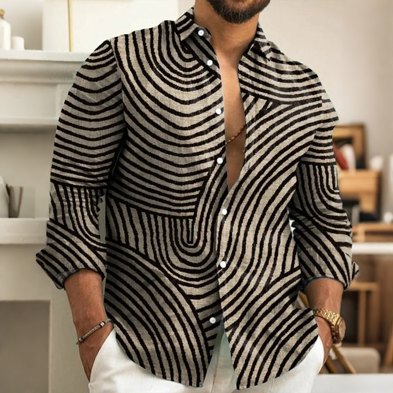 Comstylish Men's Vintage Stripe Art Print Linen Blend Casual Shirt