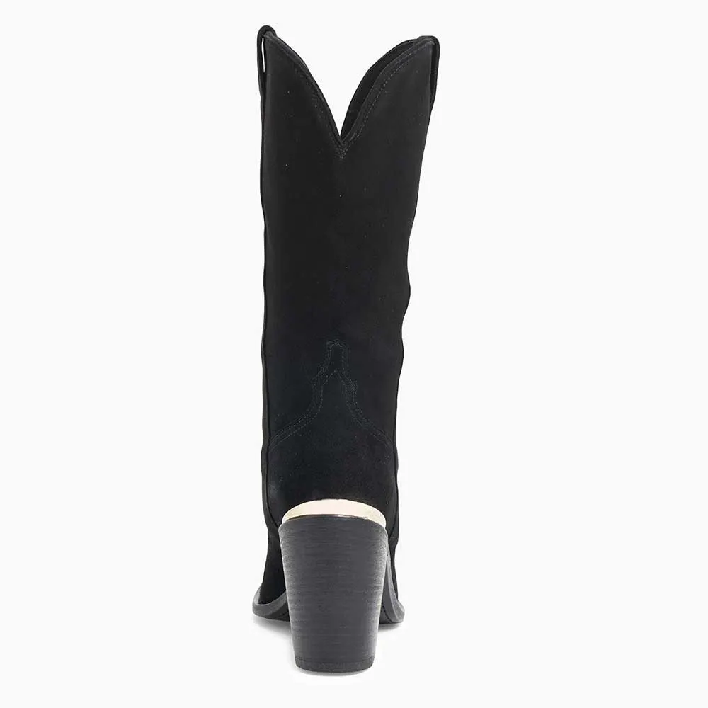 Black Pointed Vegan Suede Chunky Heel Western Boots for Women