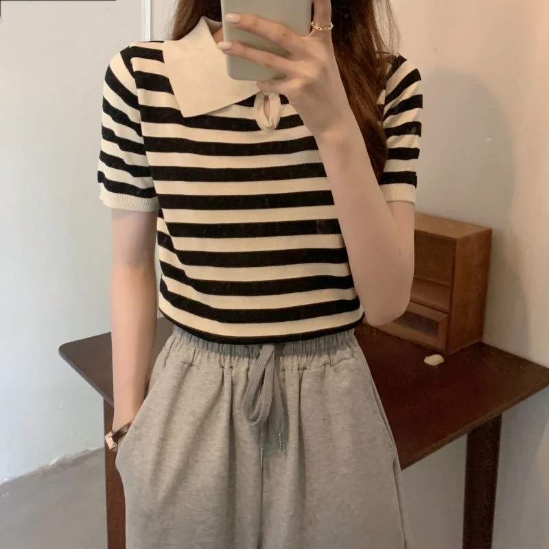 Uveng Uveng Careful Machine Striped Small Clip Red Short Sleeve Knitted Shirt Girl Summer New Design Sensational Small T-Shirt Tide