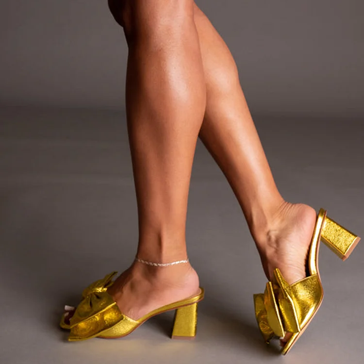 Gold Bow Shoes Women's Square Toe Block Heel Sandals |FSJ Shoes