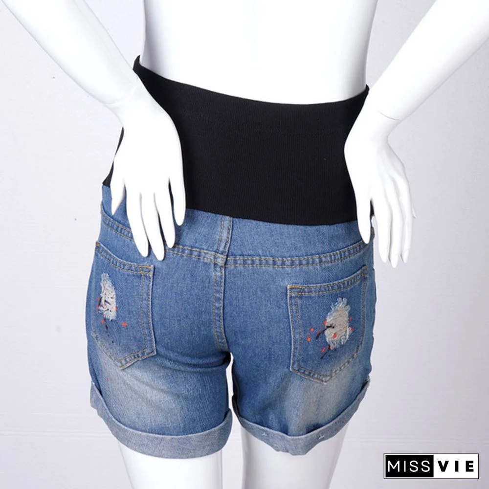 Summer Casual Denim Maternity Patchwork Belly Shorts Ripped Shorts for Pregnant Women