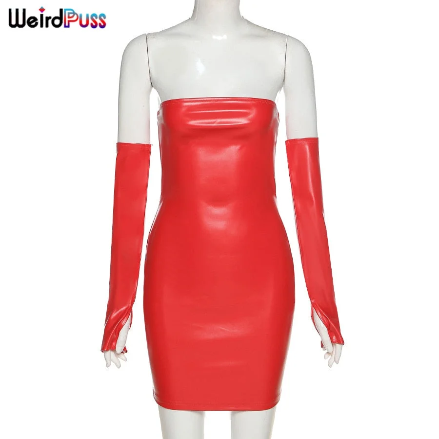 Weird Puss Women Sexy Short Faux PU Leather With Gloves Party Dress fitness Skinny bodycon Backless Hot Street Fashion Clubwear