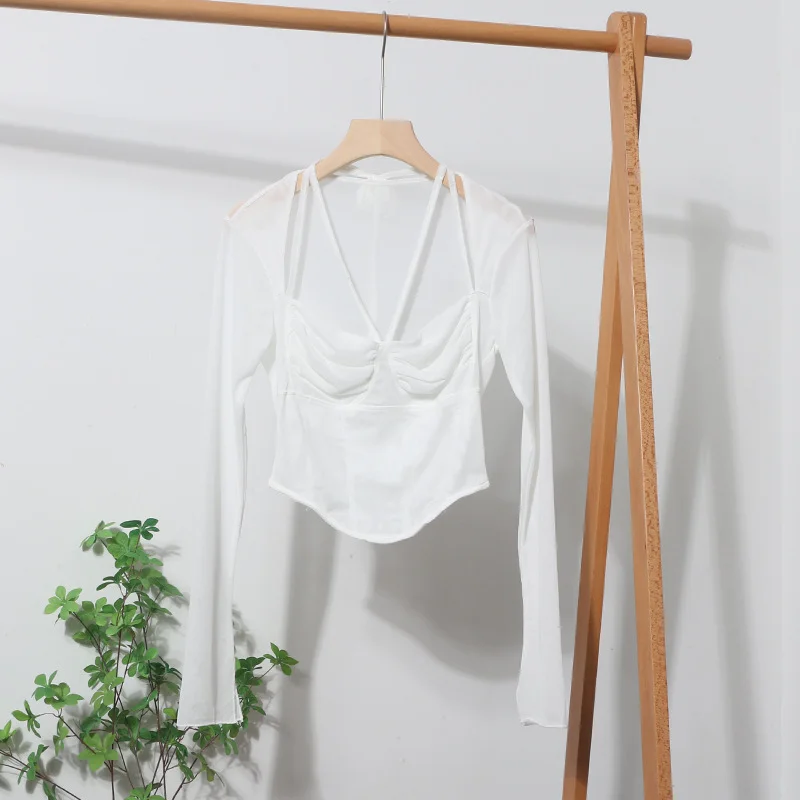 Churchf Sexy Hot Tie Tie With Hanging Neck Long-Sleeved Mesh T-Shirt Repair Short Open Fork Cuff Top 8932