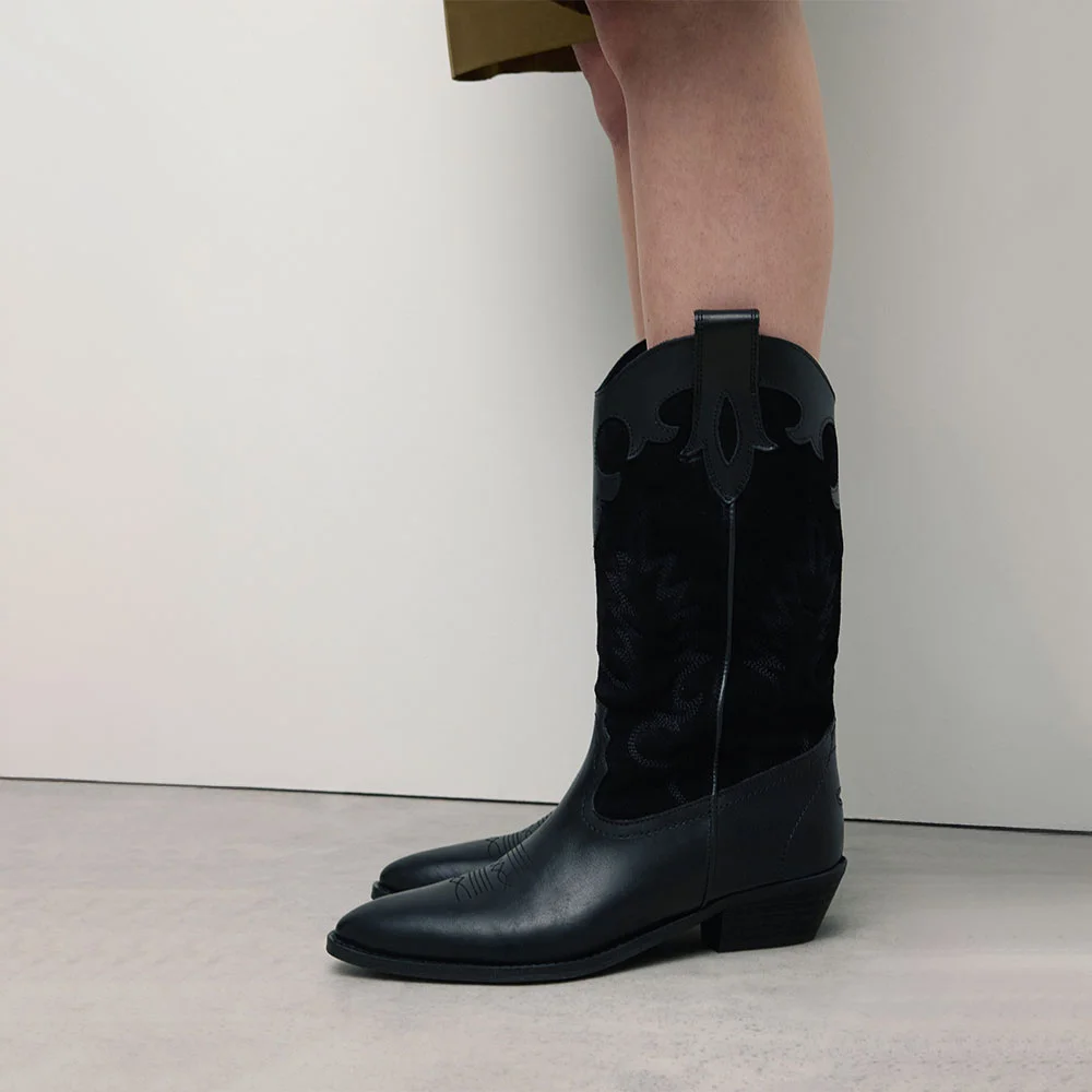 Black Pointed Toe Chunky Heel Pull On Embroidered Cowgirl Boots