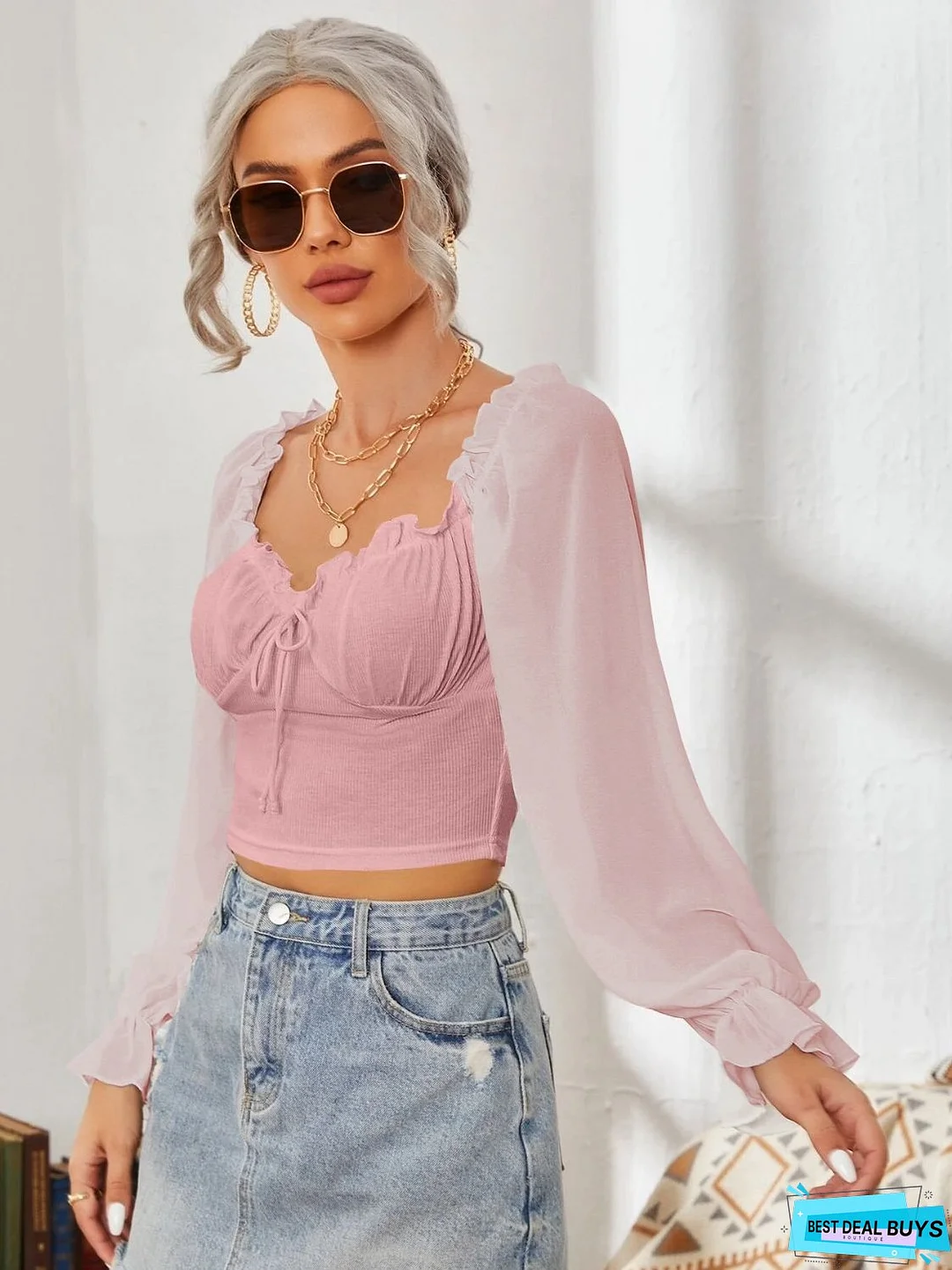 Mesh Sweetheart Neck Flounce Sleeve Top