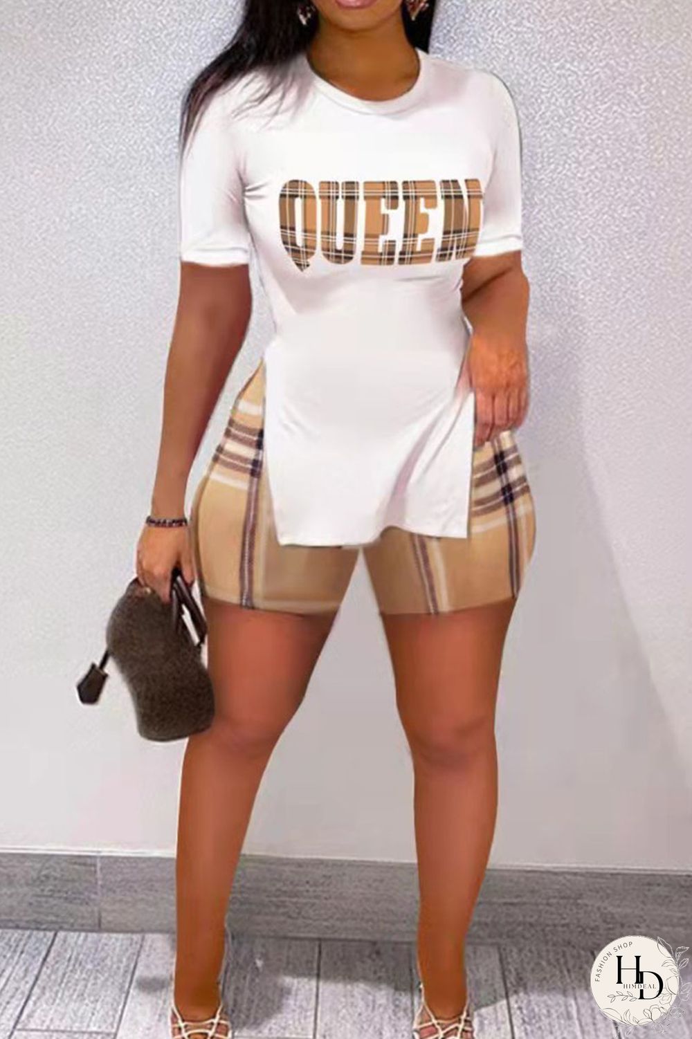 Brown Casual Print Patchwork Slit O Neck Short Sleeve Two Pieces