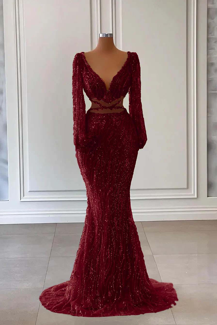 Hidais Light Green Long Sleeves V Neck Mermaid Evening Dress With Sequins Beading