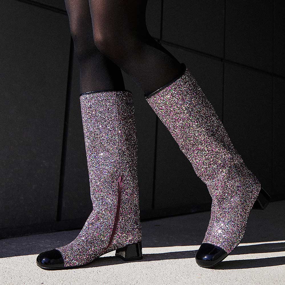 Black & Purple Glitter Round Toe Block Heel Knee High Boots Nicepairs