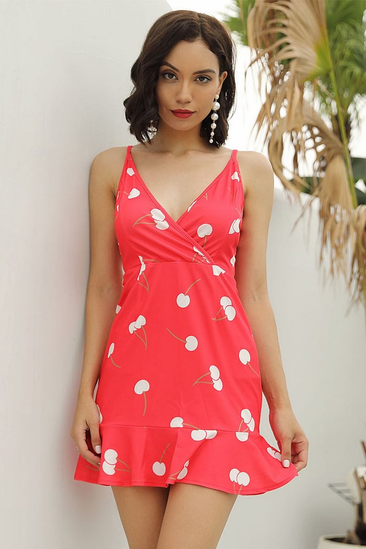 Cherry Print V-neck Mini Dress With Spaghetti Straps - Shop Trendy Women's Clothing | LoverChic