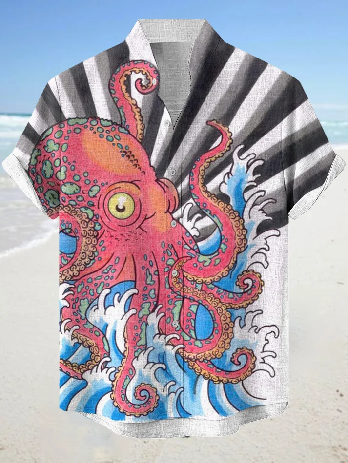 Men's Hawaii Ocean Octopus Stripes Art Print Short Sleeve Linen Blend Shirt