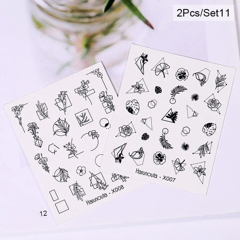 Harunouta Spring Flower Leaf Water Decals Love Heart Geometric Lines Nail Art Stickers DIY Slider Manicures Nail Art Decoration