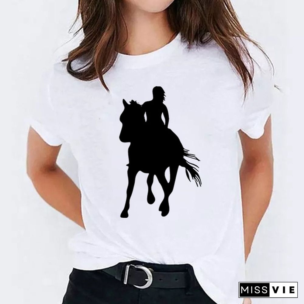 Womens Horse Print Knight Shirts Womens Tops Casual Tees Women Blouse Graphic T-Shirt