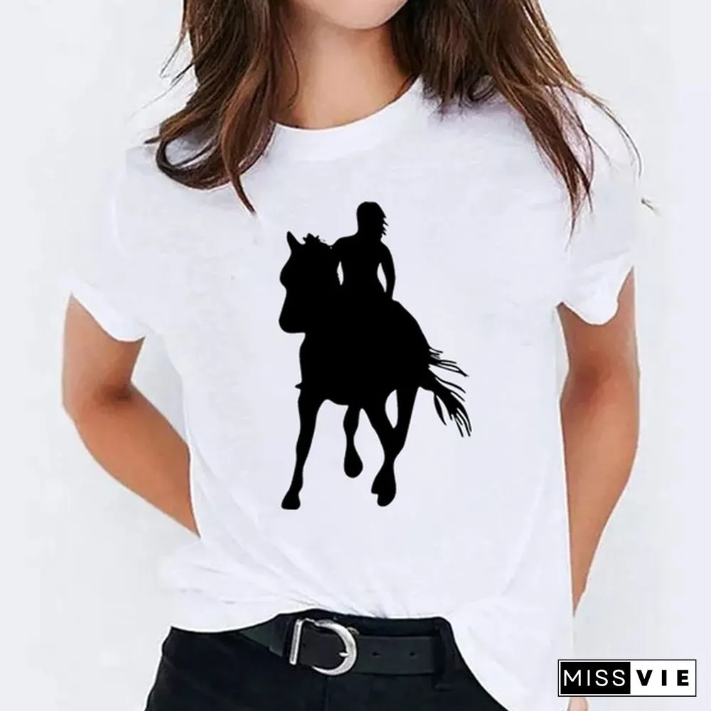 Womens Horse Print Knight Shirts Womens Tops Casual Tees Women Blouse Graphic T-Shirt