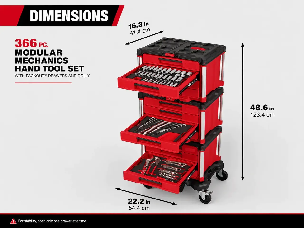 Dimensions of 366-piece rolling mechanics tool system