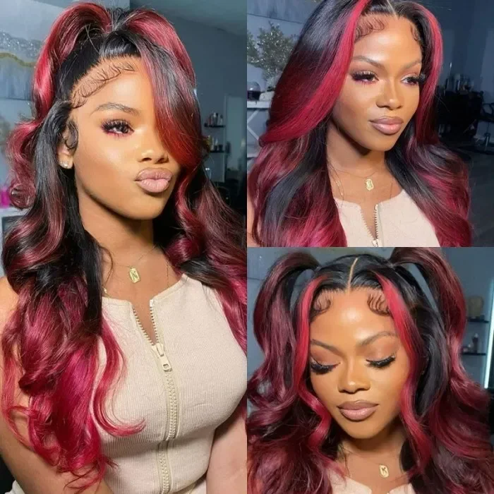 Black Mixed Red Human Hair HD Lace Wave Wig  | Glueless Wigs | 100% Real Natural Human Hair Wigs | Medium & Long Wig