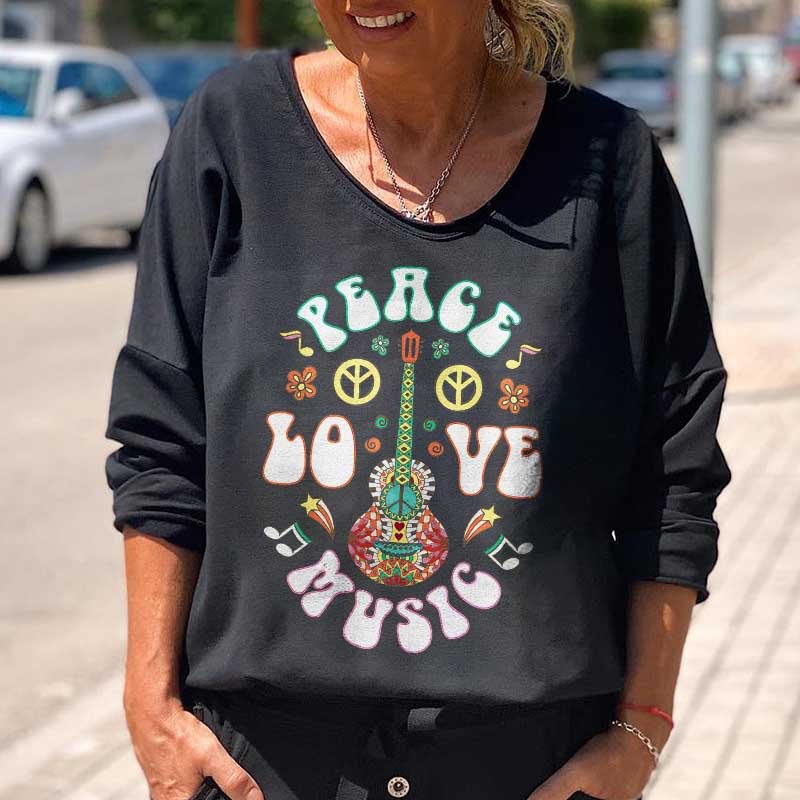 Peace Love Music Guitar Peace Symbol Printed T-shirt