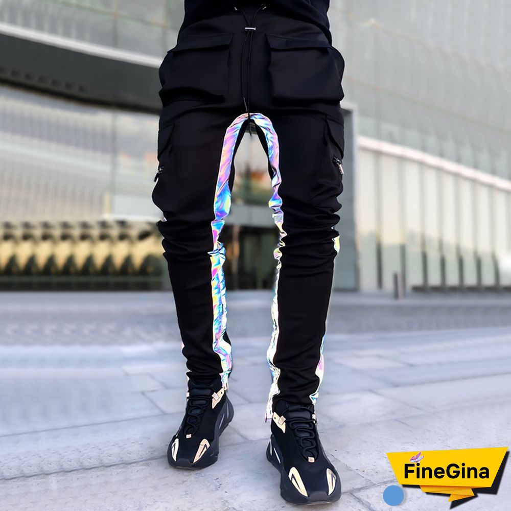 Mens Fashion Reflective Striped Solid Color Casual Pants
