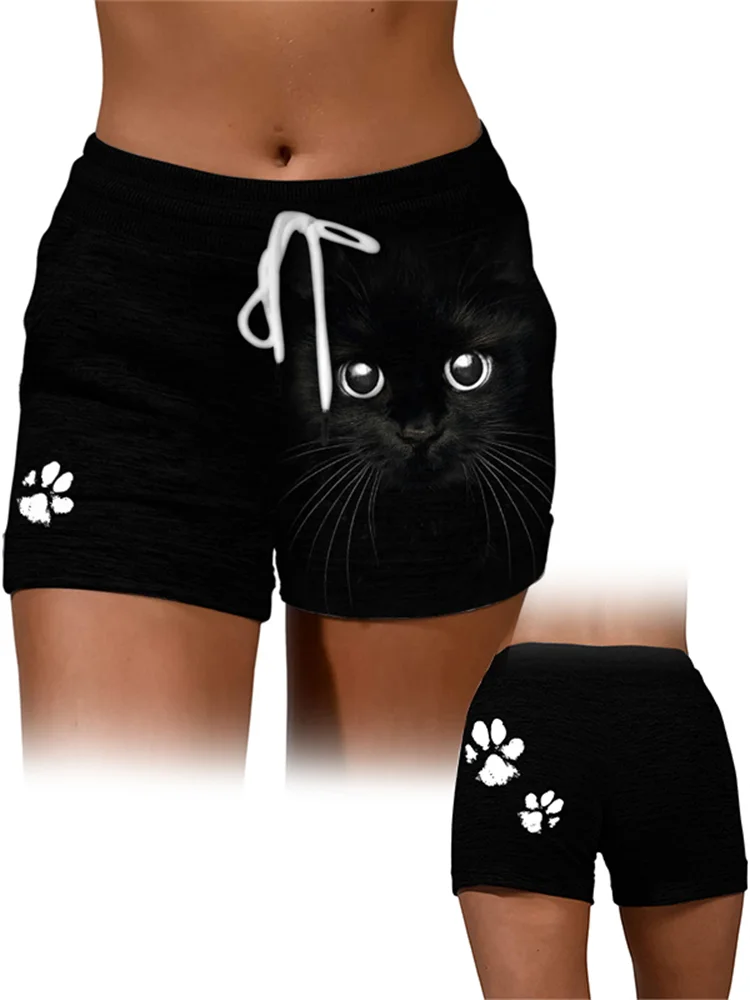 Black Cat Face Paw Print Drawstring Shorts