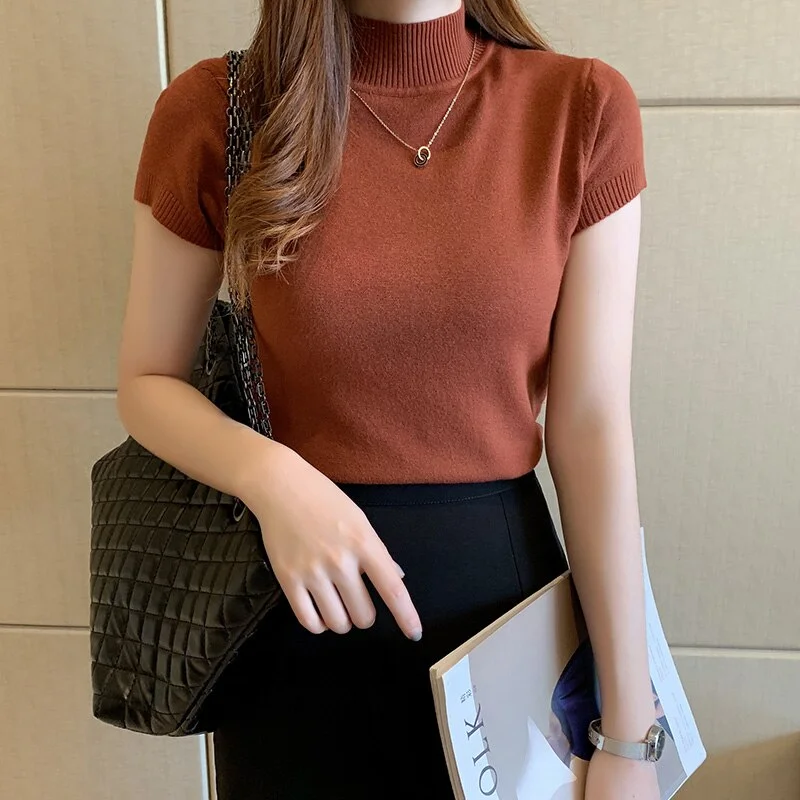 Korean Clothing Khaki Knitted Women Tops Women's Turtleneck Blouse Summer Casual Slim Short Sleeve Blouses Top Blusas Mujer 8622
