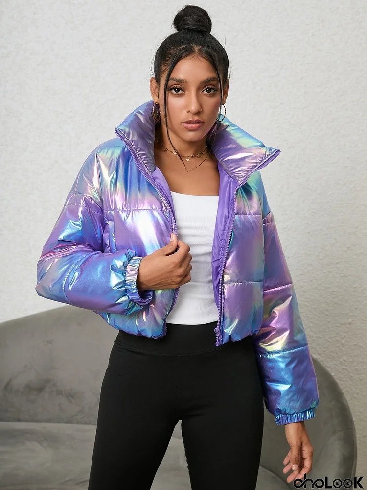 Gradient Zip-Up Collared Puffer Jacket