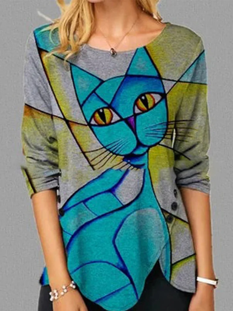 Blue Cute Cat Printed Print Button Slit T Shirt