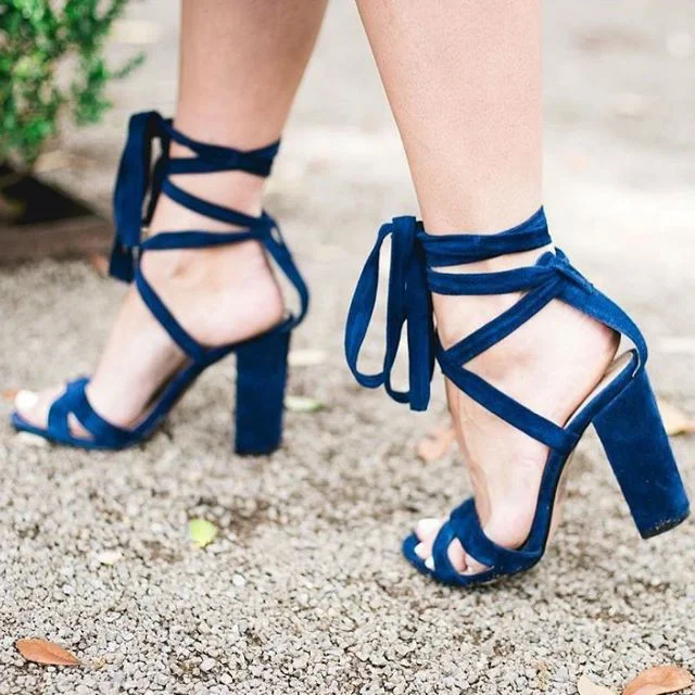 Midnight Blue Velvet Strappy Chunky Heel Lace-up Sandals Vdcoo
