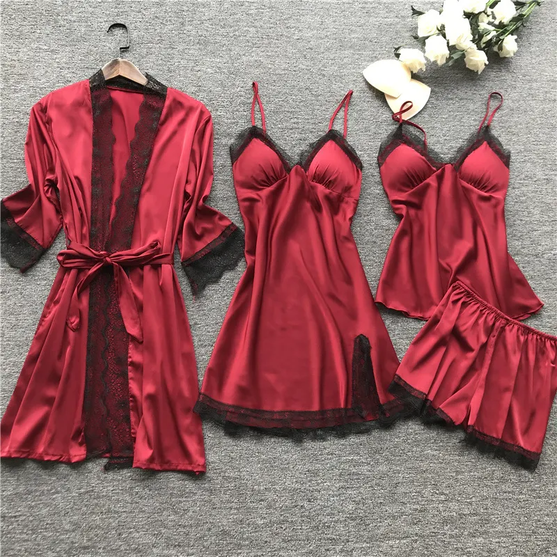 Churchf Midnight Charm Sexy Pajamas_Pyjamas Summer Sexy Pajamas Four-Piece Korean Version Of Sling Women With Breast Pad 490