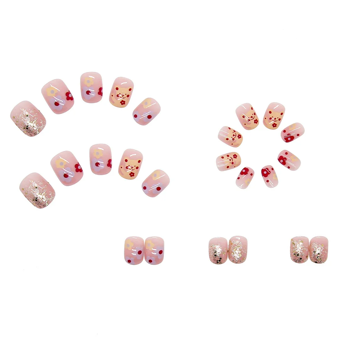 24pcs/box Lovely Cute Flower Fairy Style Fake Nails  Full Cover Nails Long Nail With Glue  Presson Nails Packaging Wearable Nail-Nail Inspo