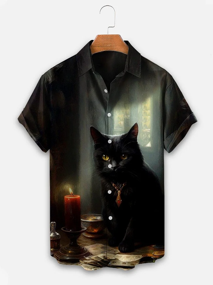 Men's Halloween Cat Print Casual Shirt