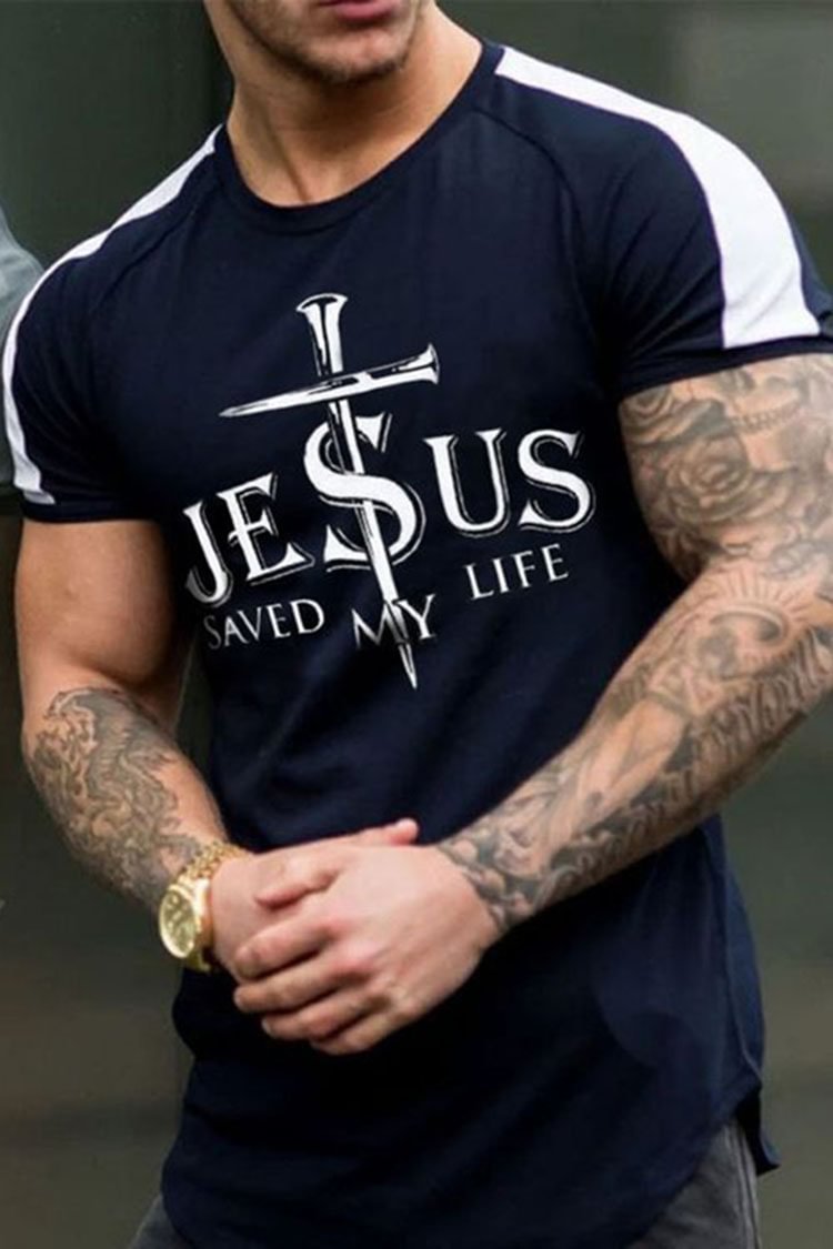 Tiboyz Jes Cross Color Matching Print Short Sleeve T-Shirt