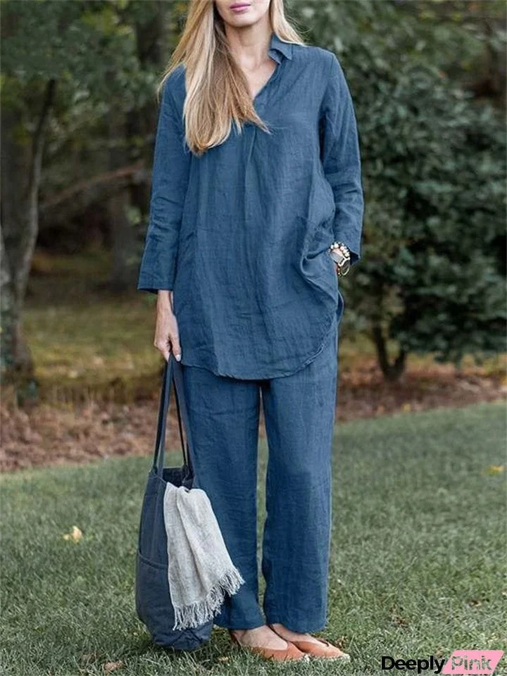 Country Style Casual Plain Long Sleeve Shirt and Straight Leg Pants