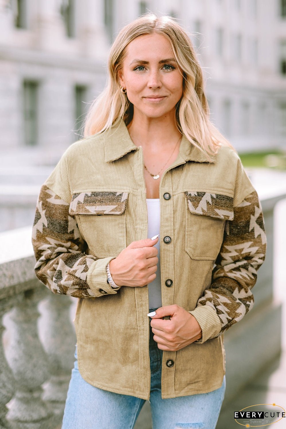 Khaki Aztec Print Patchwork Frayed Edge Corduroy Jacket