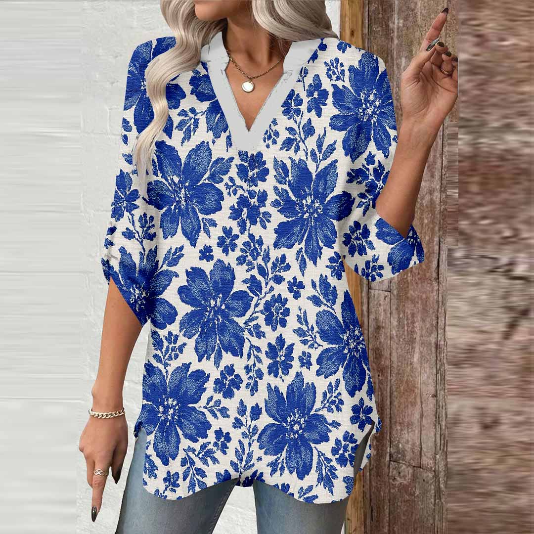 Women Floral, Blue DZGA0117 3/4 Sleeve V-neck Printed Graphic Button Tops