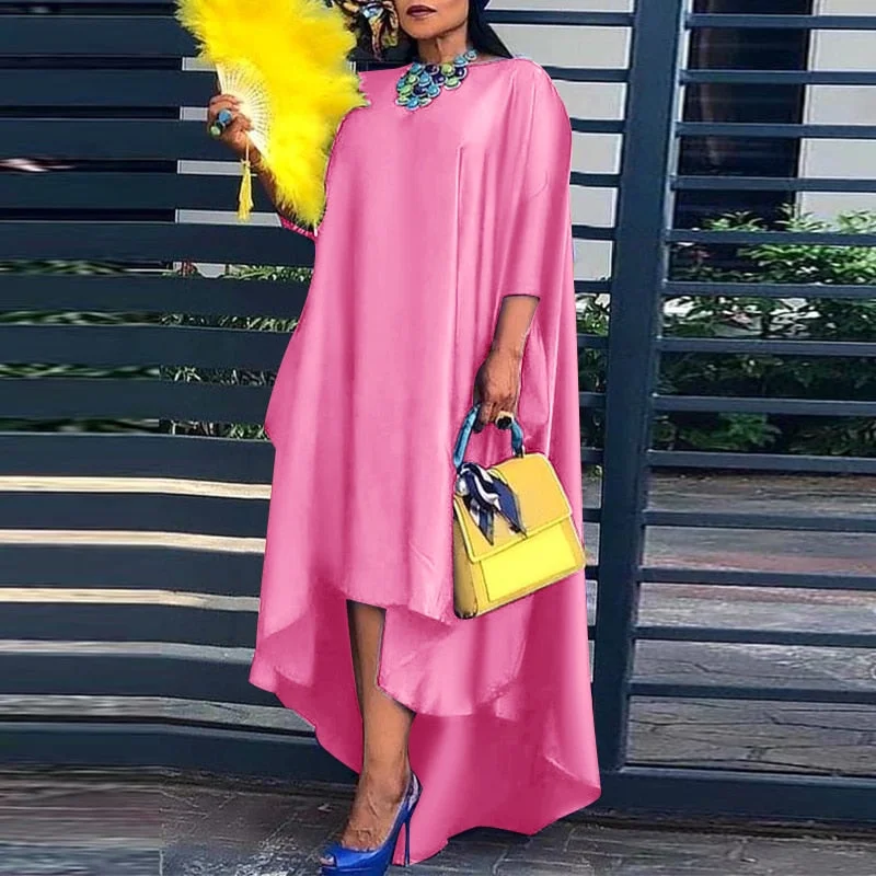 Women Casual 2/3 Sleeve Irregular Maxi Dress 2022 VONDA Robe Spring O Neck Asymmetrical Pleated Vestidos Elegant Long Sundress