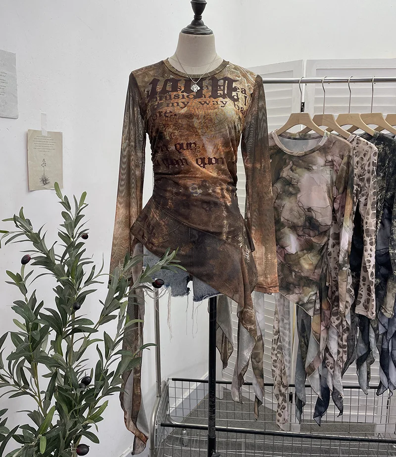 Zingj Real Shooting Babes Long Sleeves And Jersey Net Yarn Dye Printing Irregular Lotus Leaf Edge Ribbon Folding Top 9998
