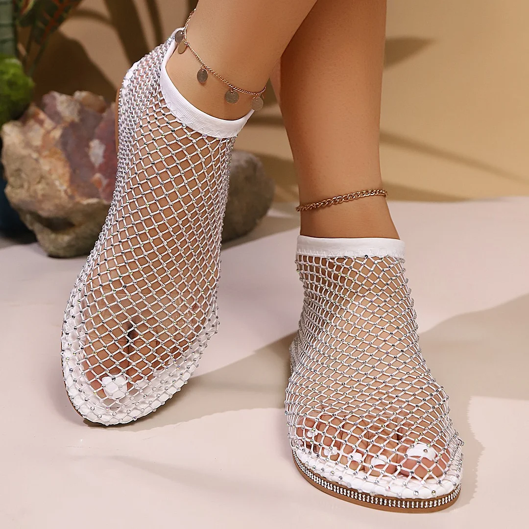 Yyvonne Hollow Fishing Net Water Drill Sandals Women 2025 New Breathable Hot Diamond Lightweight Flat Roman Shoes