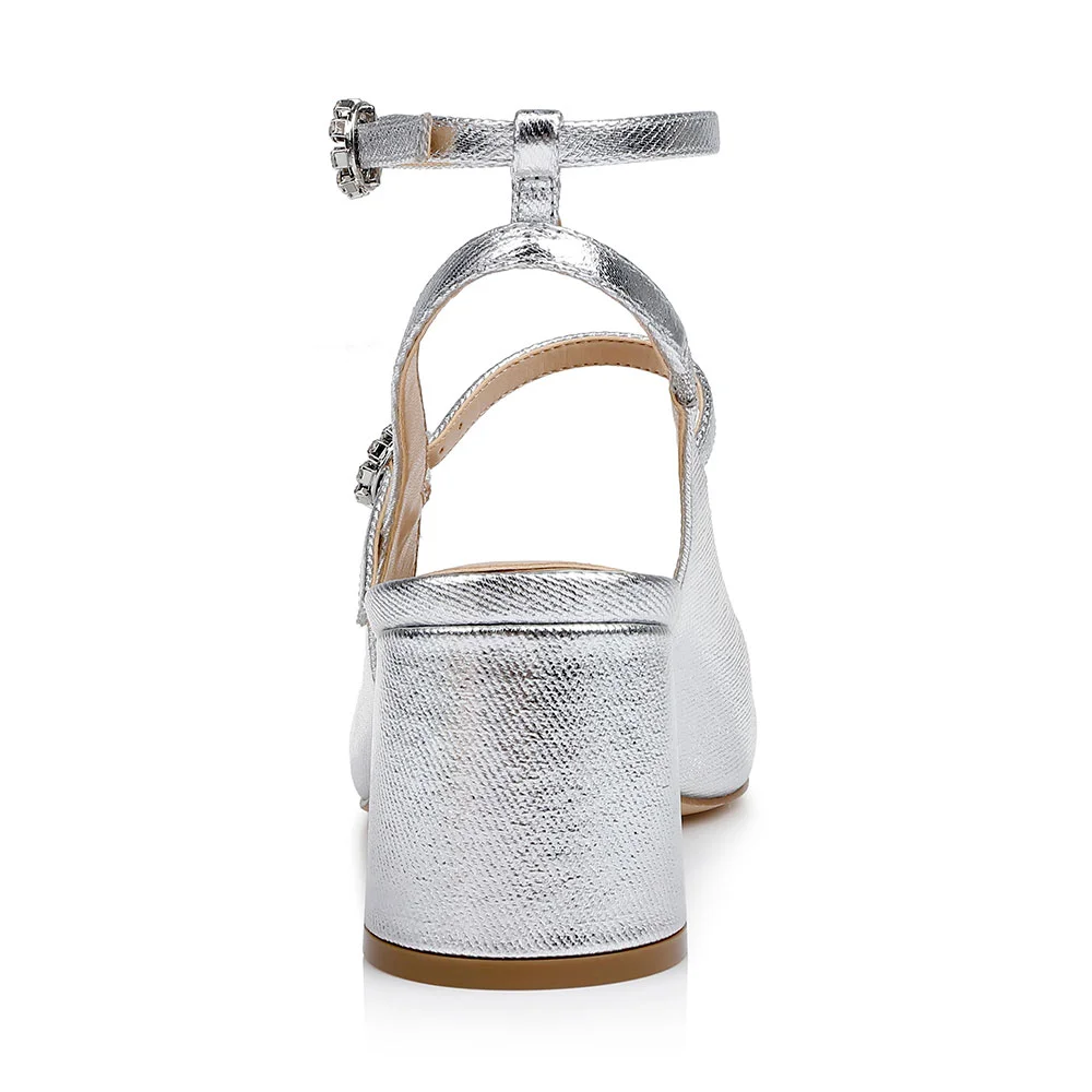 Square Toe Block Heel Mary Jane Slingback Silver Pumps with Buckle